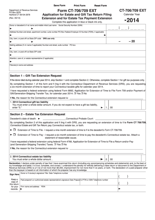Fillable Form Ct-706/709 Ext - Connecticut Application For Estate And Gift Tax Return Filing Extension And For Estate Tax Payment Extension - 2014 Printable pdf