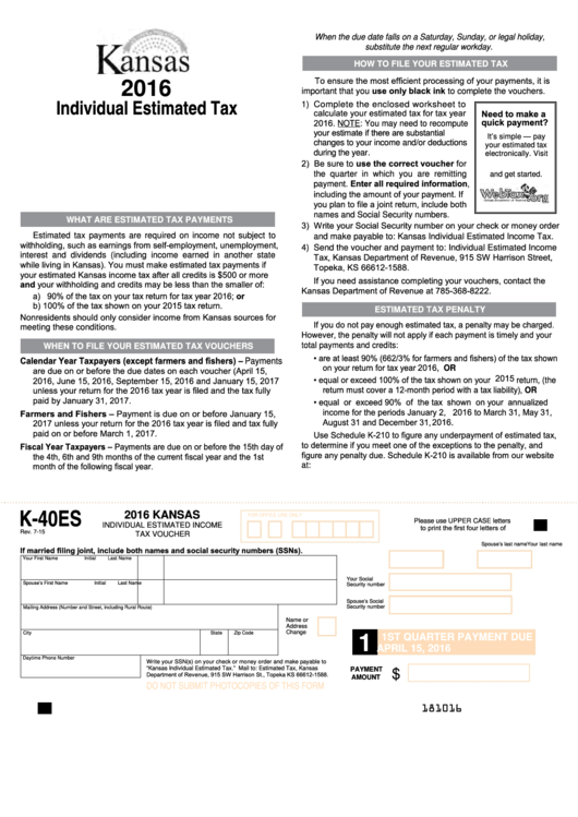 Fillable Form K-40es - Kansas Individual Estimated Income Tax Voucher - 2016 Printable pdf