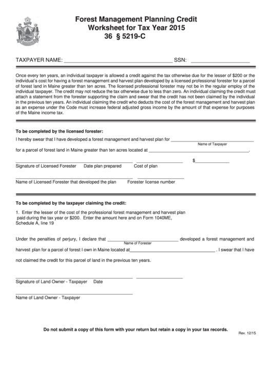 Maine Forest Management Planning Credit Worksheet For Tax Year 2015 Printable pdf