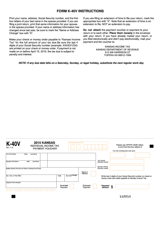 Fillable Form K-40v - Kansas Individual Income Tax Payment Voucher - 2015 Printable pdf