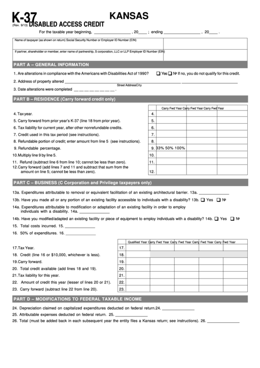 Fillable Schedule K-37 - Kansas Disabled Access Credit Printable pdf