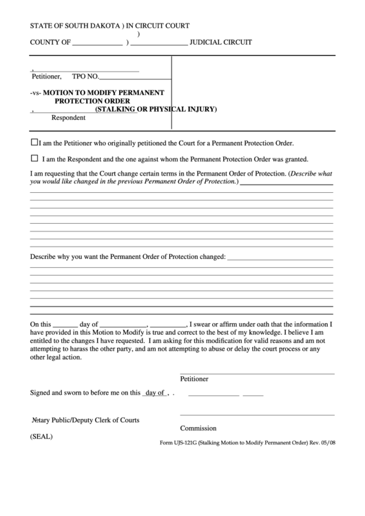 Form Ujs-121g - Motion To Modify Permanent Protection Order , (Stalking Or Physical Injury) - State Of South Dakota Printable pdf