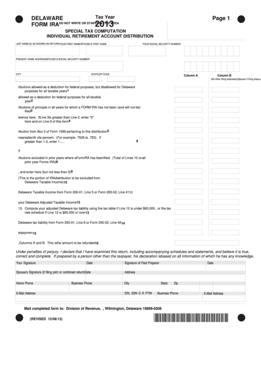 Delaware Form Ira - Special Tax Computation - Individual Retirement Account Distribution - 2013 Printable pdf