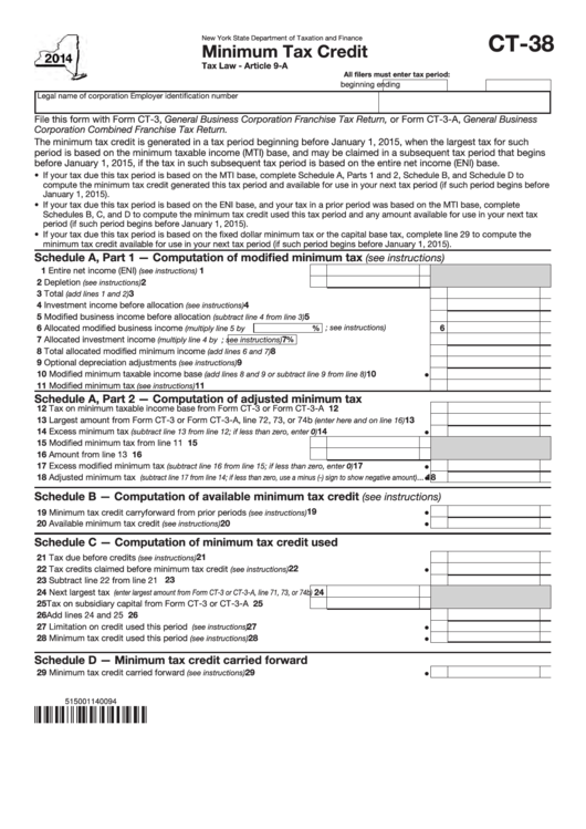 Form Ct-38 - Minimum Tax Credit - 2014 Printable pdf
