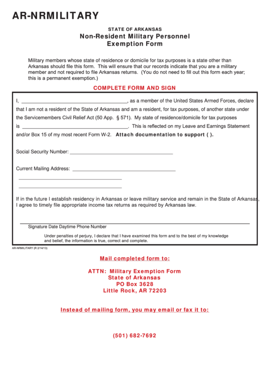 Form Ar-nrmilitary - Non-resident Military Personnel Exemption Form