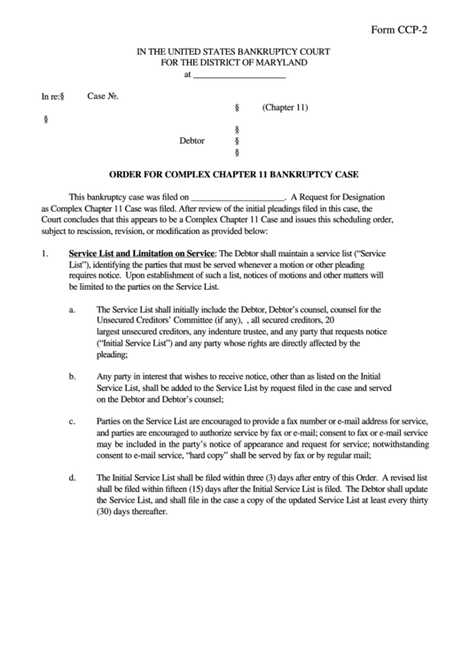 Fillable Form Ccp-2 - Order For Complex Chapter 11 Bankruptcy Case Printable pdf