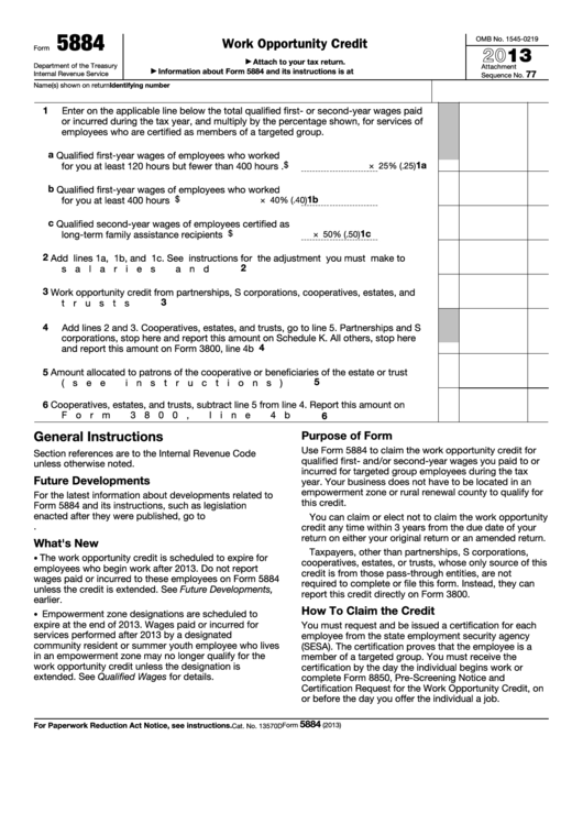 Fillable Form 5884 - Work Opportunity Credit - 2013 Printable pdf