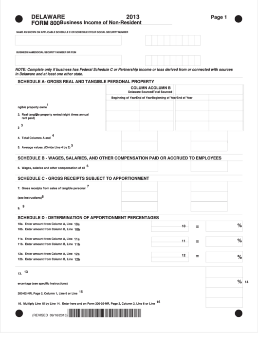 Delaware Form 800 - Business Income Of Non-Resident - 2013 Printable pdf