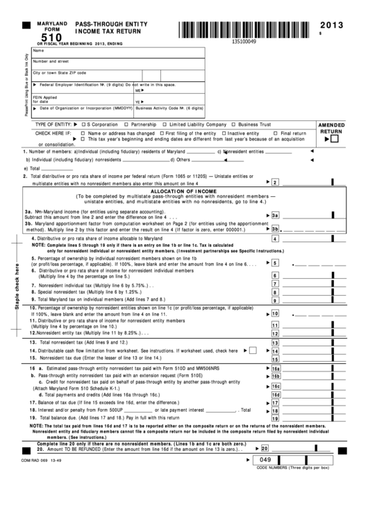 Maryland Form 510 - Pass-through Entity Income Tax Return - 2013