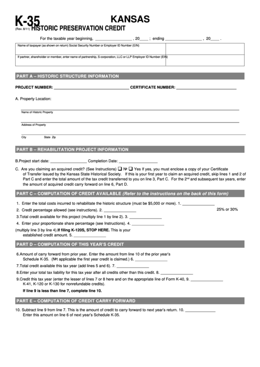 Fillable Schedule K-35 - Kansas Historic Preservation Credit Printable pdf