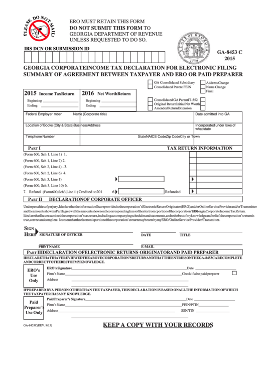Fillable Form Ga-8453 C - Georgia Corporate Income Tax Declaration For Electronic Filing Summary Of Agreement Between Taxpayer And Ero Or Paid Preparer - 2015 Printable pdf