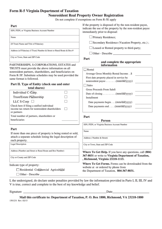 Fillable Form R-5 - Nonresident Real Property Owner Registration Printable pdf