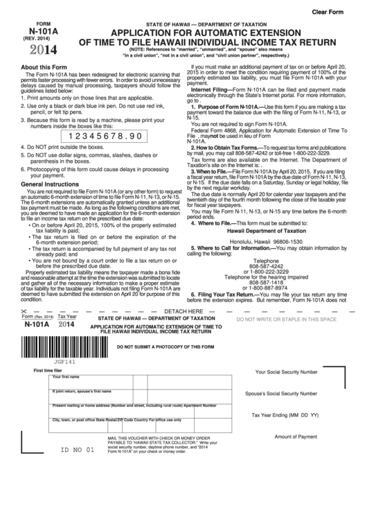 Form N-101a - Application For Automatic Extension Of Time To File Hawaii Individual Income Tax Return - 2014