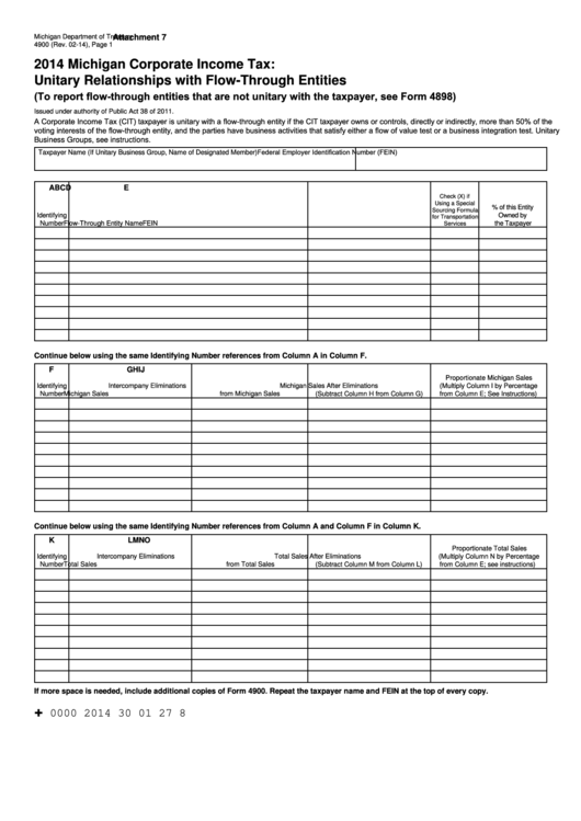 Form 4900 - Michigan Corporate Income Tax - Unitary Relationships With Flow-Through Entities - 2014 Printable pdf