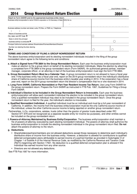 California Form 3864 - Group Nonresident Return Election - 2014 Printable pdf