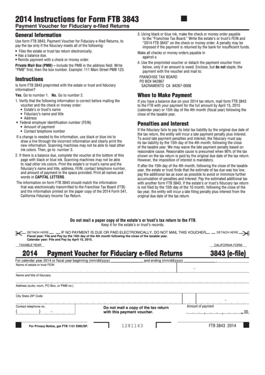 California Form 3843 - Payment Voucher For Fiduciary E-Filed Returns - 2014 Printable pdf