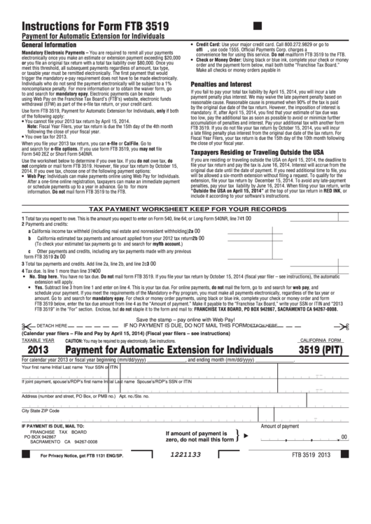 Fillable California Form 3519 (Pit) - Payment For Automatic Extension For Individuals - 2013 Printable pdf