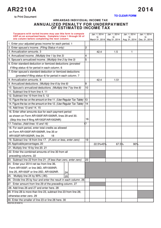 Fillable Form Ar2210a - Annualized Penalty For Underpayment Of Estimated Income Tax - 2014 Printable pdf