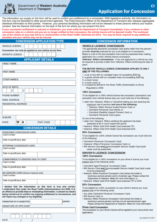 Fillable Form C1 - Application For Concession - Western Australia Department Of Transport Printable pdf