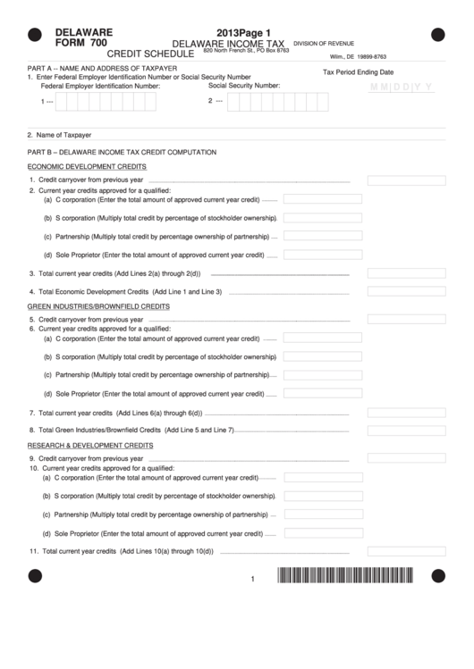 Delaware Form 700 - Delaware Income Tax Credit Schedule - 2013 Printable pdf