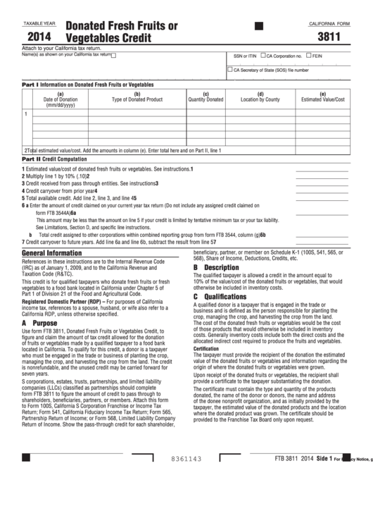 California Form 3811 - Donated Fresh Fruits Or Vegetables Credit - 2014 Printable pdf