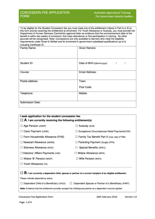 Concession Fee Application Form Printable pdf
