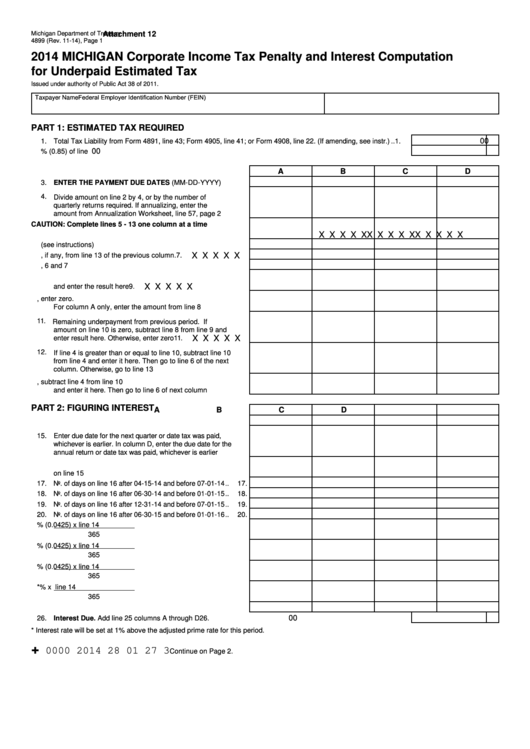 Form 4899 - Michigan Corporate Income Tax Penalty And Interest Computation For Underpaid Estimated Tax - 2014 Printable pdf