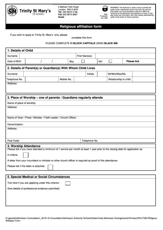 Religious Affiliation Form printable pdf download