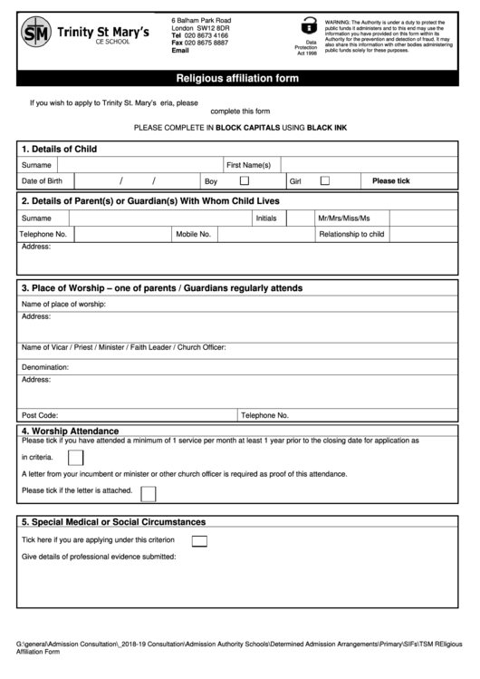 Religious Affiliation Form Printable Pdf Download