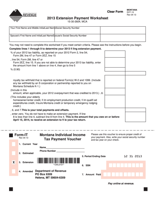 Fillable Montana Form Ext-13 - Extension Payment Worksheet - 2013 Printable pdf