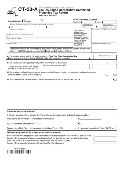 Form Ct-33-A - Life Insurance Corporation Combined Franchise Tax Return - 2014 Printable pdf