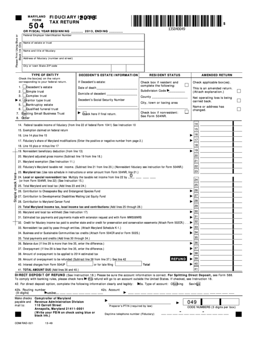 Maryland Form 504 - Fiduciary Income Tax Return - 2013