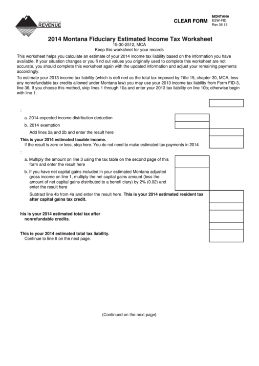 Fillable Form Esw-Fid - Montana Fiduciary Estimated Income Tax Worksheet - 2014 Printable pdf