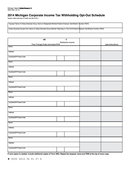Form 4903 - Michigan Corporate Income Tax Withholding Opt-Out Schedule - 2014 Printable pdf