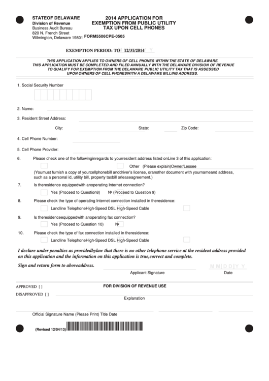 Fillable Form 5506cpe-0505 - Application For Exemption From Utility Tax Upon Cell Phones - 2014 Printable pdf