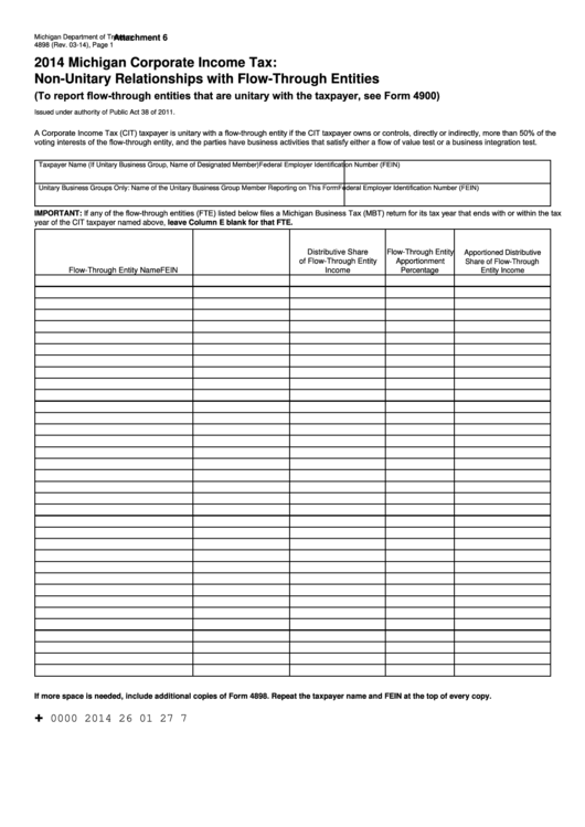 Form 4898 - Michigan Corporate Income Tax: Non-Unitary Relationships With Flow-Through Entities - 2014 Printable pdf
