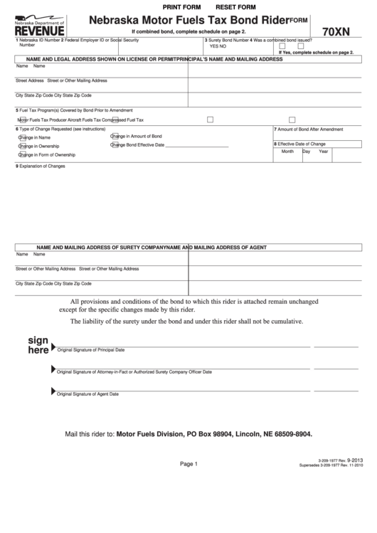 Fillable Form 70xn - Nebraska Motor Fuels Tax Bond Rider Printable pdf