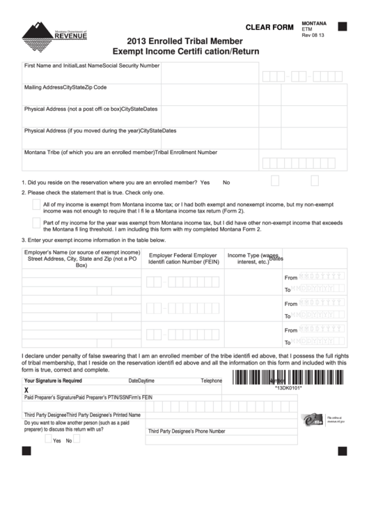 Fillable Form Etm - Enrolled Tribal Member Exempt Income Certification/return - 2013 Printable pdf