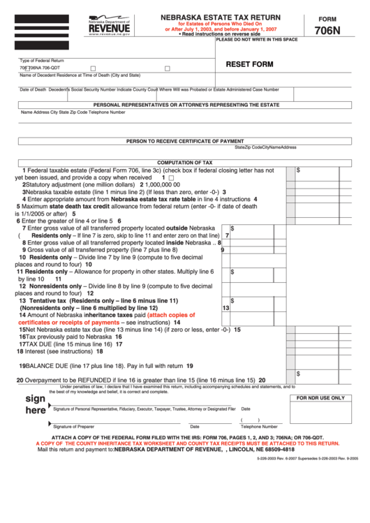 Fillable Form 706n - Nebraska Estate Tax Return Printable pdf