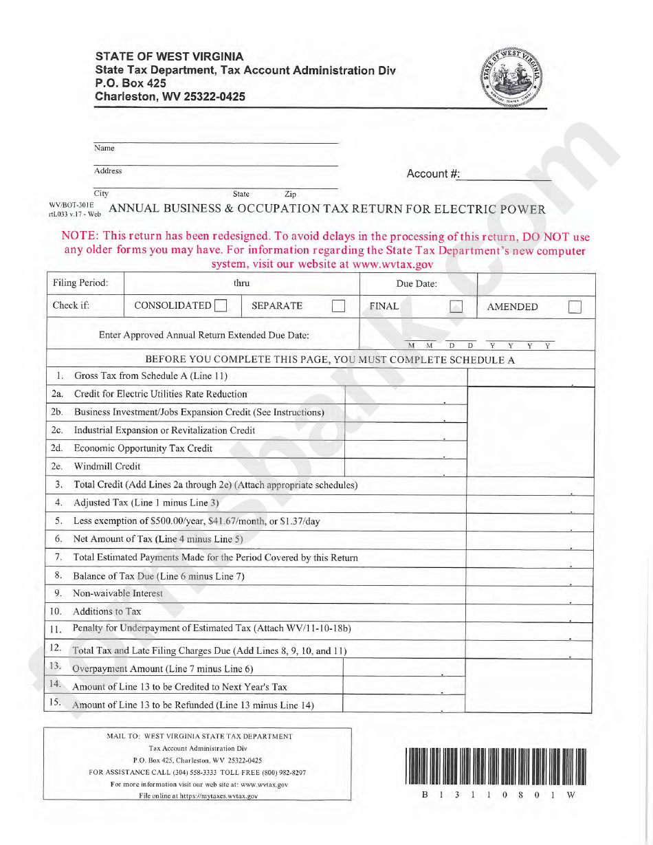 Form Wv/bot-301e - Annual Business And Occupation Tax Return For Electric Power