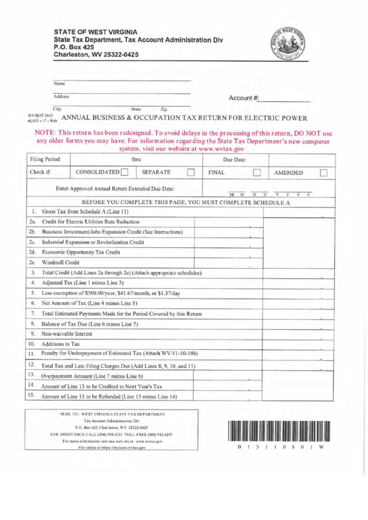 Fillable Form Wv/bot-301e - Annual Business And Occupation Tax Return For Electric Power Printable pdf