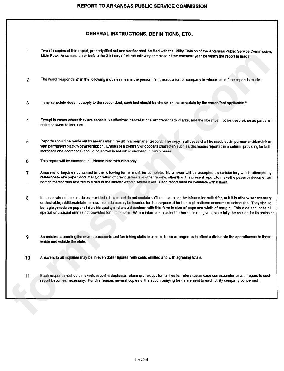 General Instructions For Report To Arkansas Public Service Commission