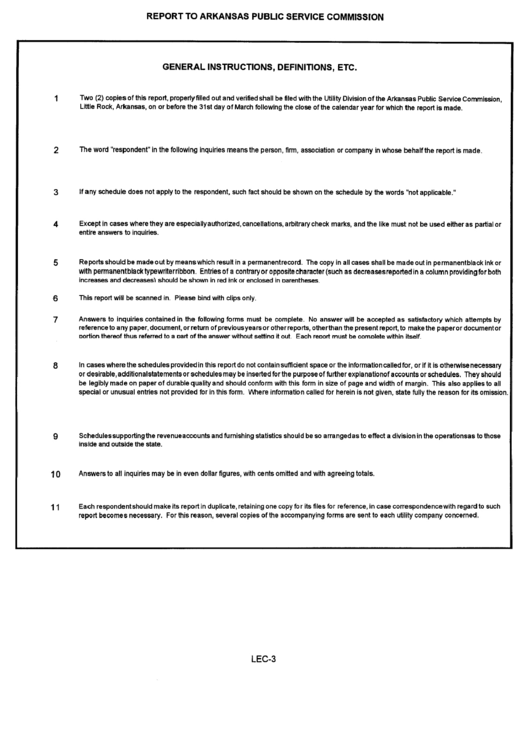 General Instructions For Report To Arkansas Public Service Commission Printable pdf