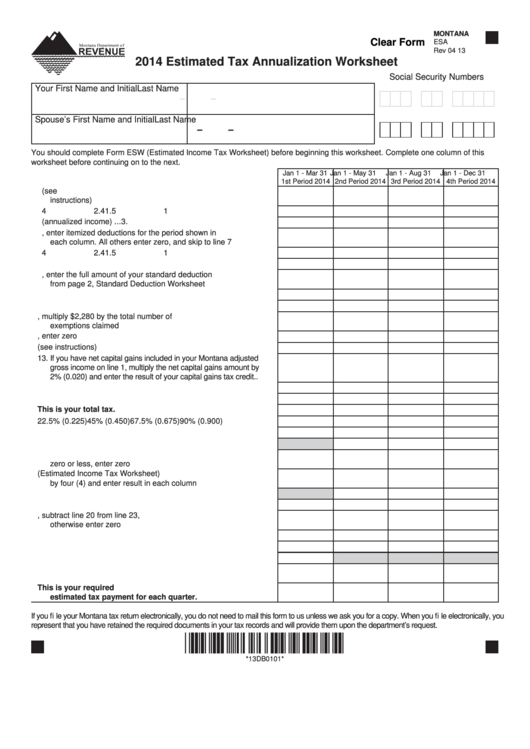 Fillable Form Esa - Estimated Tax Annualization Worksheet - 2014 Printable pdf
