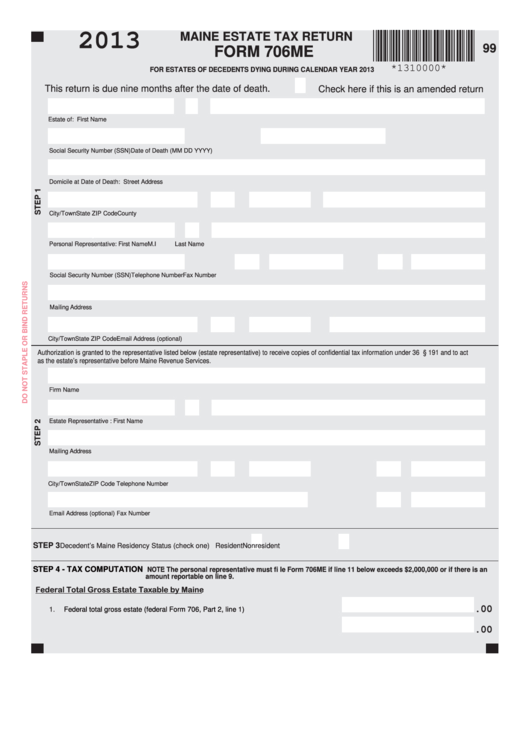Fillable Form 706me - Maine Estate Tax Return - 2013 Printable pdf