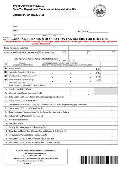Fillable Form Wv/bot-301 - Annual Business And Occupation Tax Return For Utilities Printable pdf