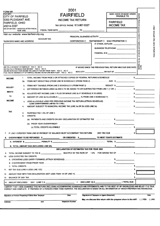 Form Br - Income Tax Return - Fairfield, Ohio - 2001 Printable pdf