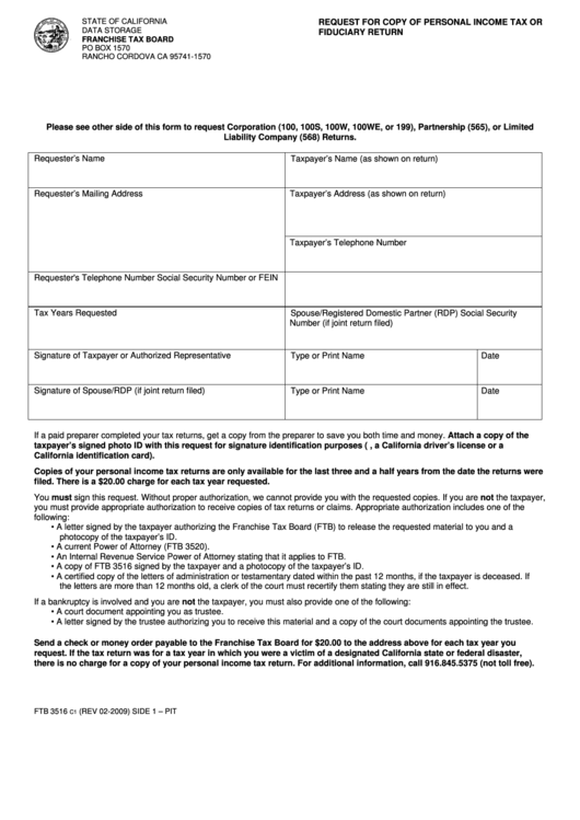 Fillable Form Ftb 3516 - Request For Copy Of Personal Income Tax Or Fiduciary Return Printable pdf