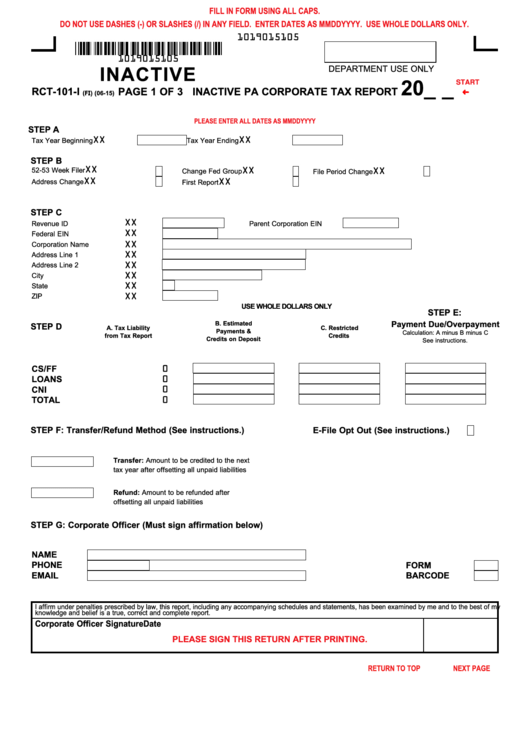 Fillable Form Rct-101-I - Inactive Pa Corporate Tax Report Printable pdf