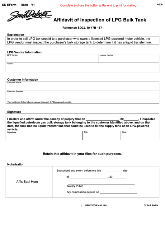 Fillable Form 0840 V1 - Affidavit Of Inspection Of Lpg Bulk Tank Printable pdf